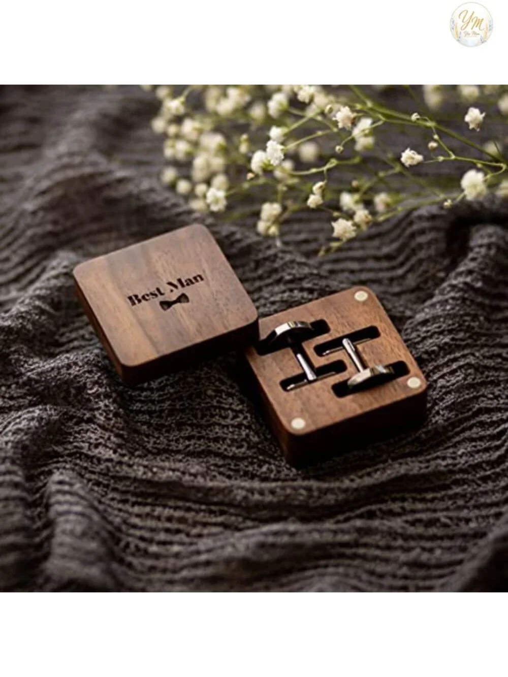 Best Man Gunmetal Cufflinks with Engraved Wood Gift Box